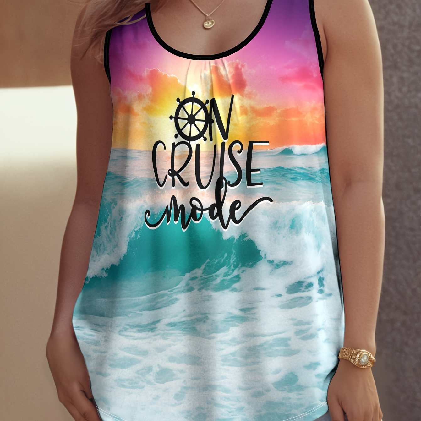 

Plus Size Cruise Letter Print Tank Top, Casual Crew Neck Sleeveless Tank Top For Summer, Women's Plus Size clothing