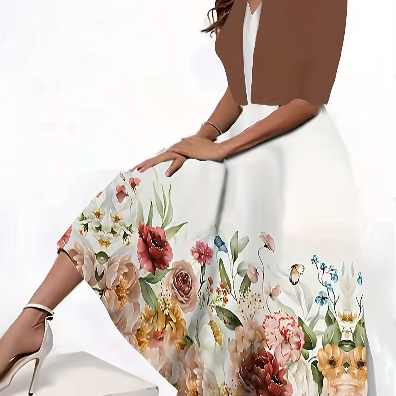 

Floral Print Two-piece Dress Set, V Neck Sleeveless Tank Dress & Half Sleeve Crop Cardigan Outfits, Women's Clothing
