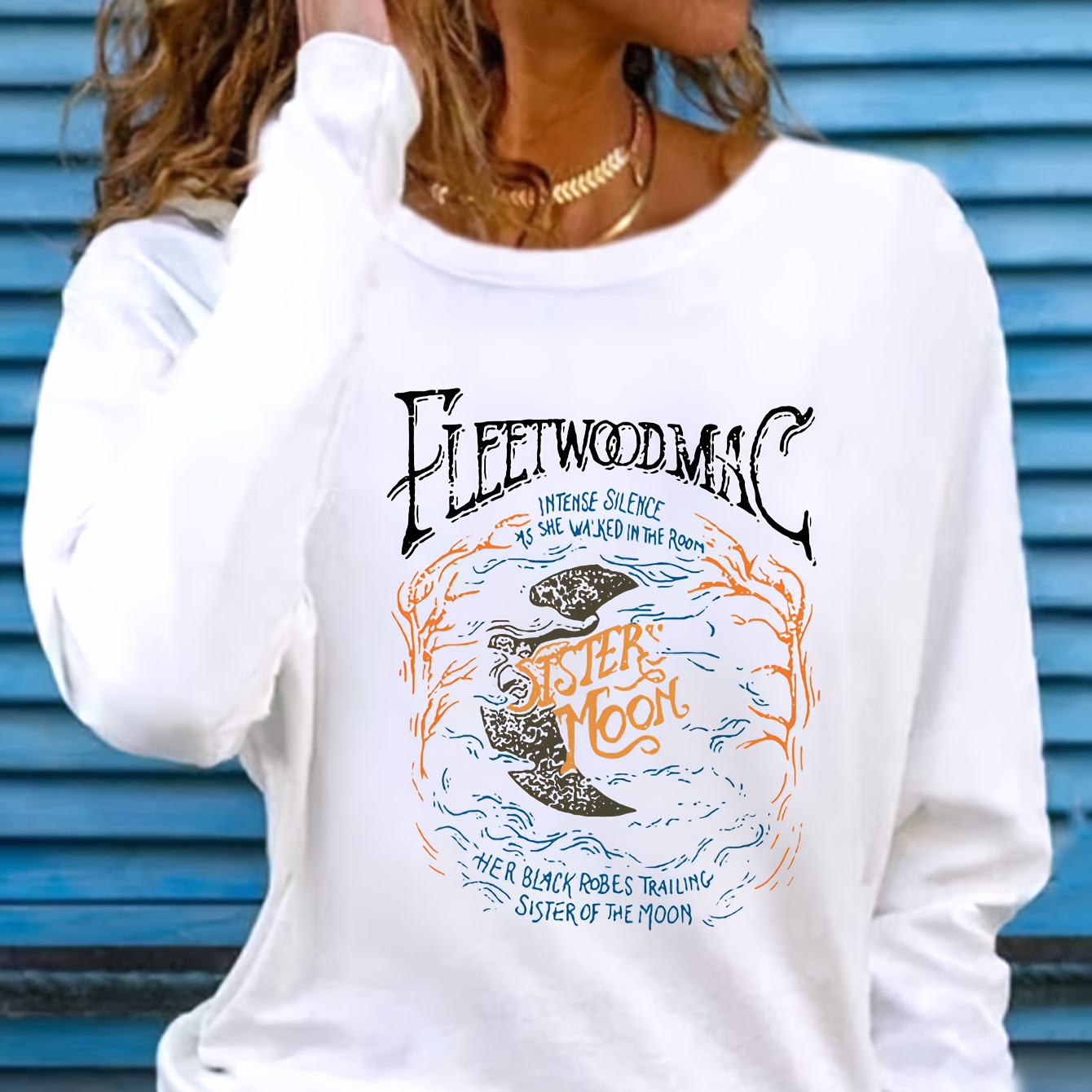 

Women's Casual Long Sleeve T-shirt With Moon Print - Crew Neck, Soft Polyester, Machine Washable - Perfect For Fall & Winter