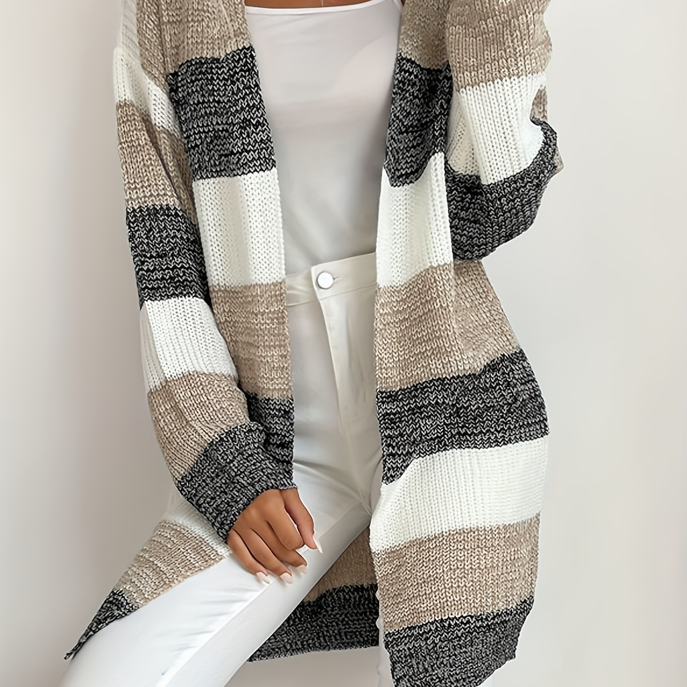 Plus Size Casual Cardigan, Women's Plus Colorblock Long Sleeve Open Front Cardigan