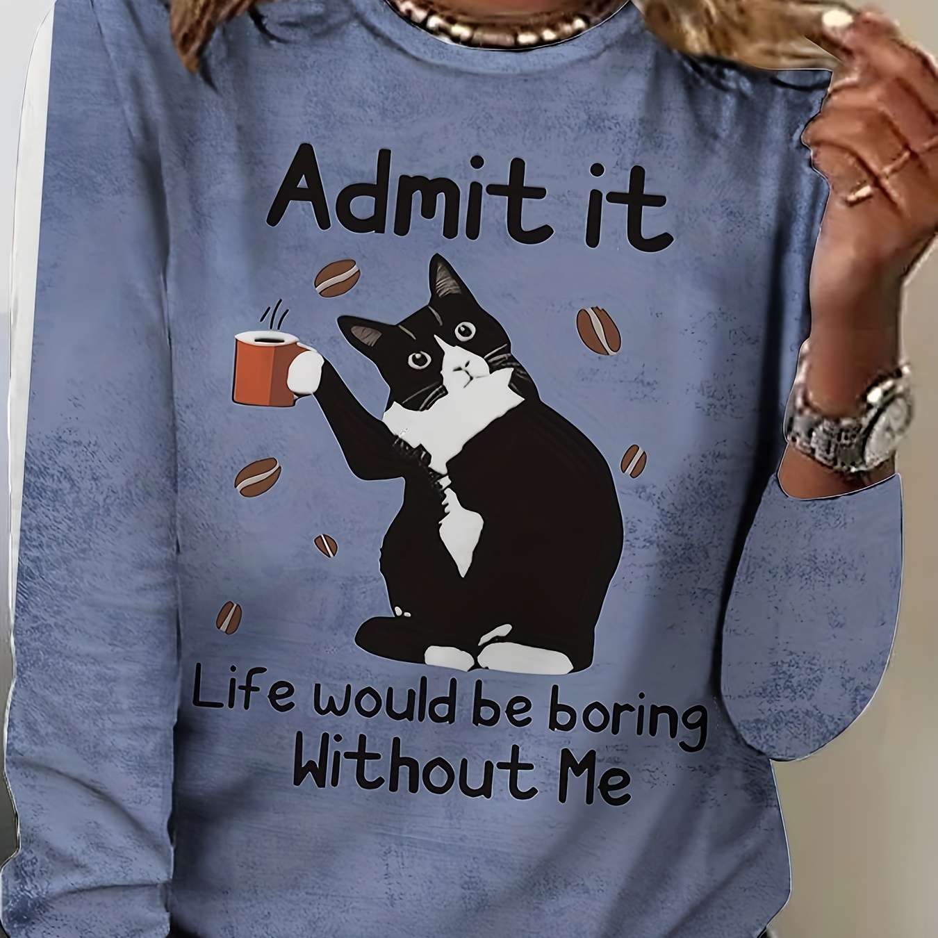

Plus Size Casual T-shirt, Women's Plus Cute Cat & Slogan Print Long Sleeve Round Neck Medium Stretch T-shirt
