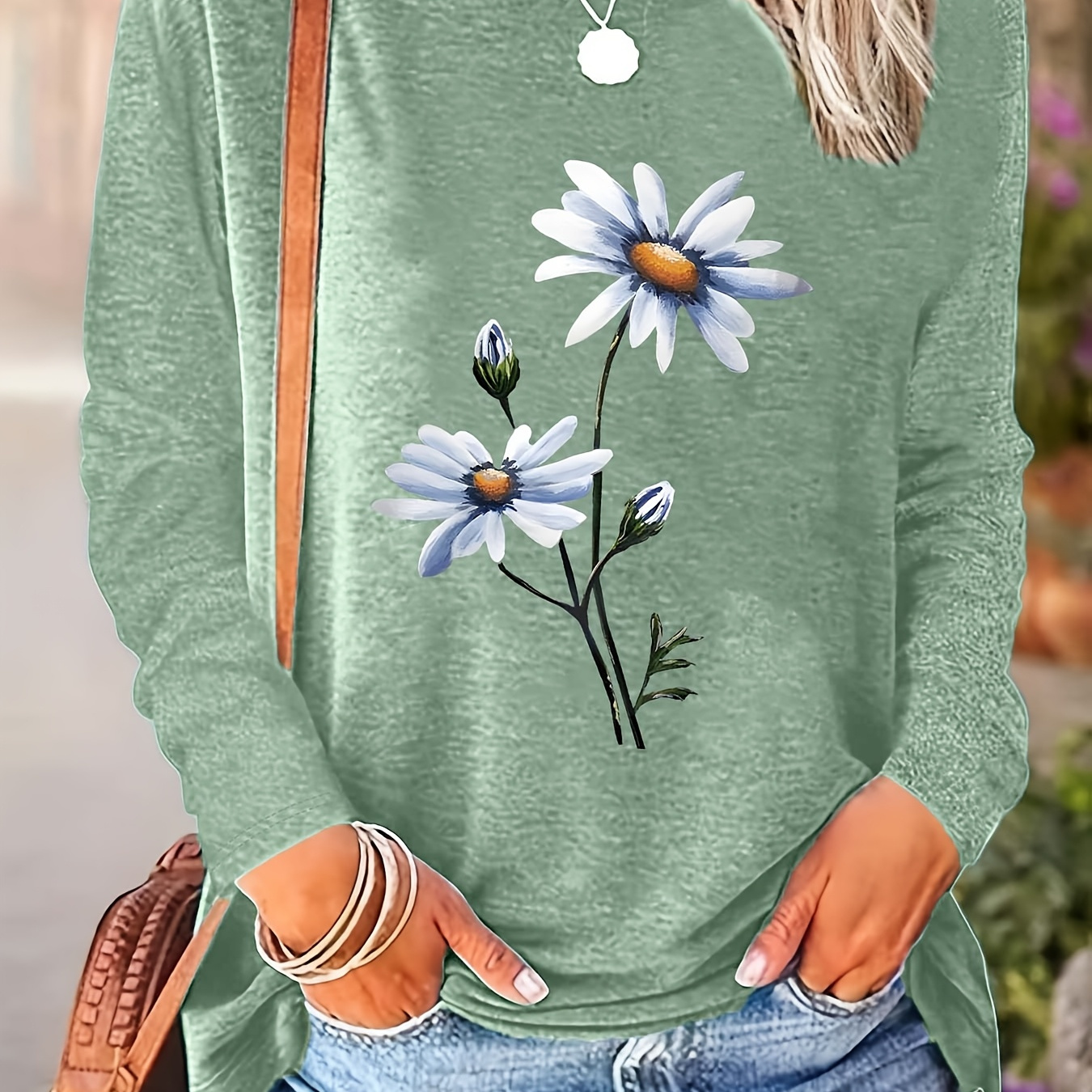 

1pc Women's Casual Crew Neck Long Sleeve T-shirt With Geometric Daisy Print, Polyester Knit Fabric, Regular Length Top For Spring/fall - Loose Tee