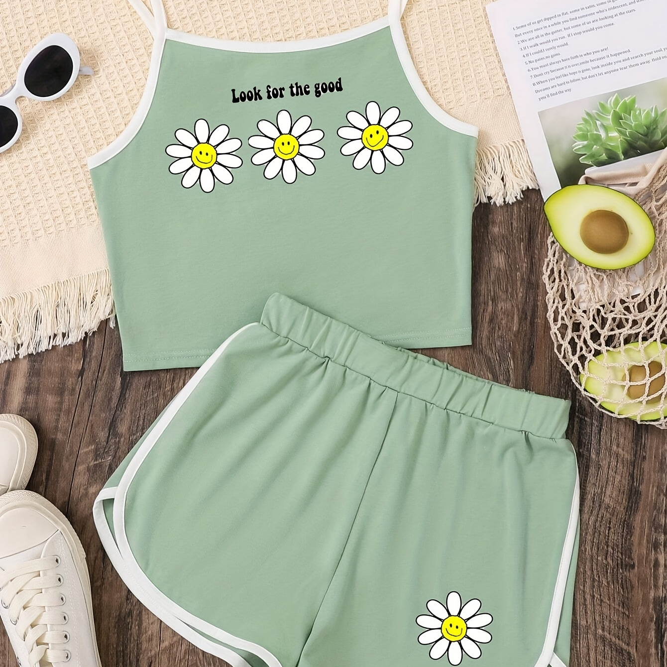 

2-piece Girl's Daisy Flower Print Cami Top + Shorts Set Holiday Leisure Summer Outfits