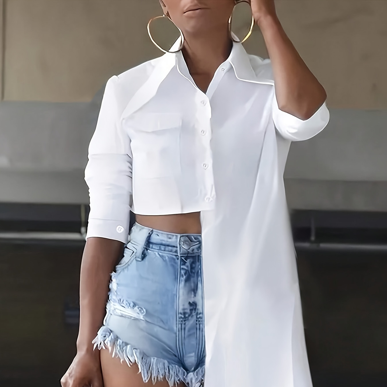 TEMU Elegant Women' Color Asymmetrical Button-up Long Sleeve Shirt