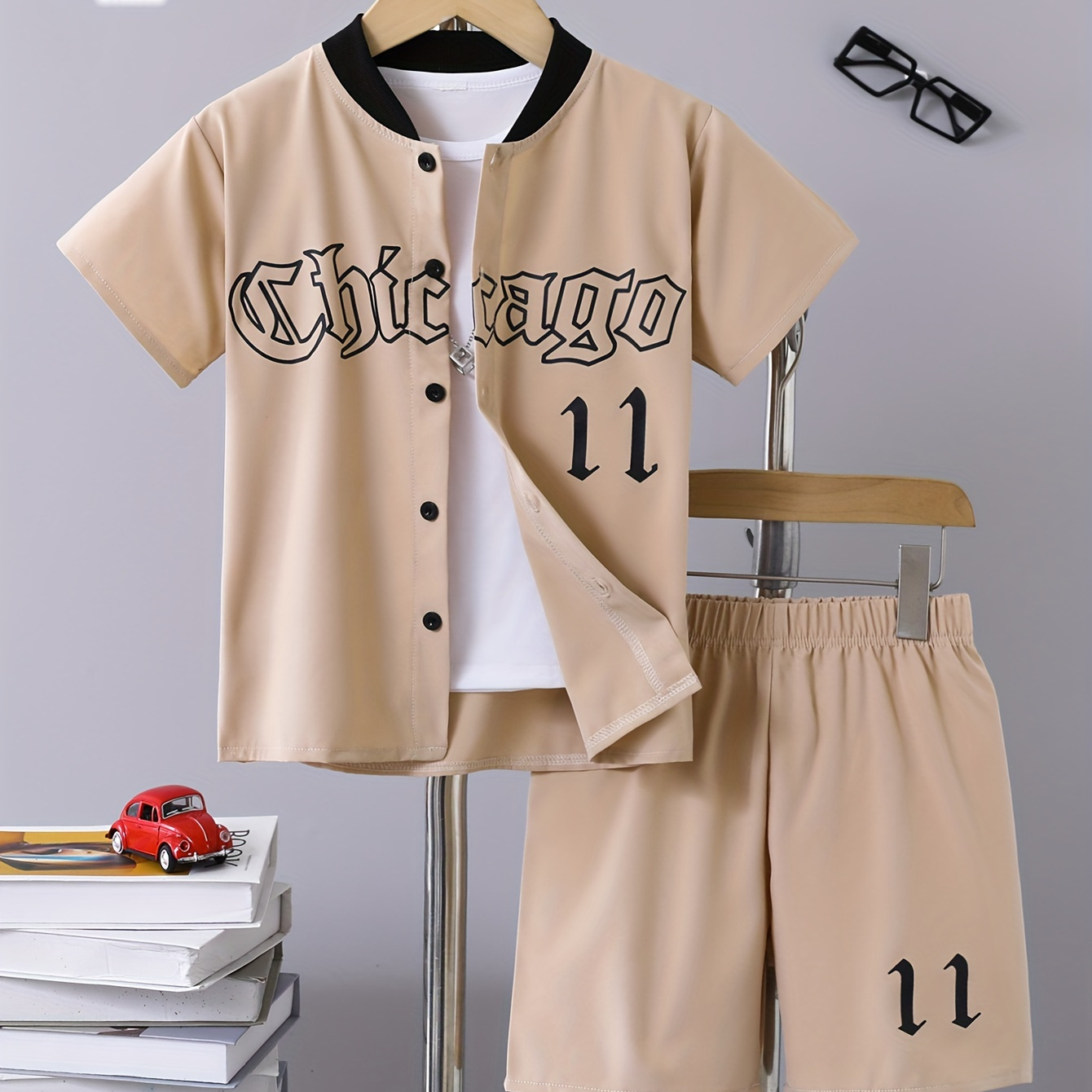 TEMU 2pcs Boys Casual Chicago Letter Graphic Print Button Short Sleeve Top & Shorts Set, Comfy Summer Boys Clothes