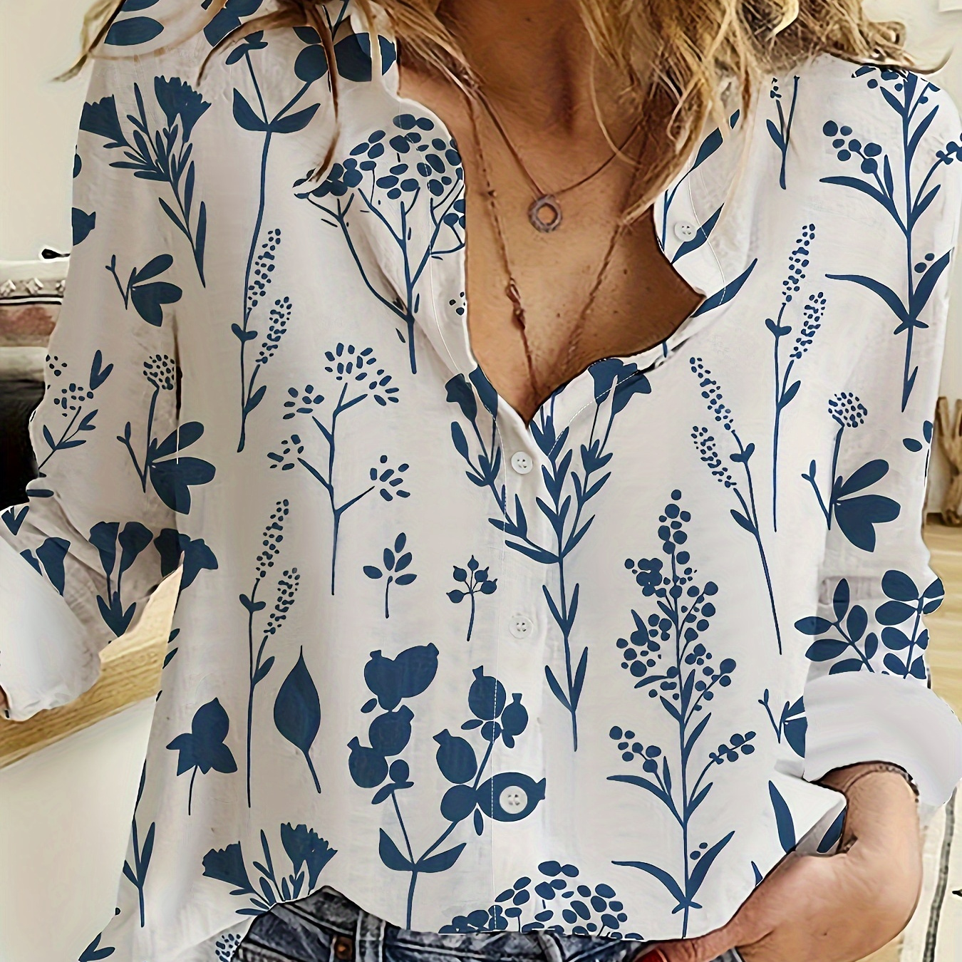 

Chemise boutonnée à imprimé floral sur le devant, chemise décontractée à revers à manches longues pour le printemps et l'automne, vêtements pour femmes