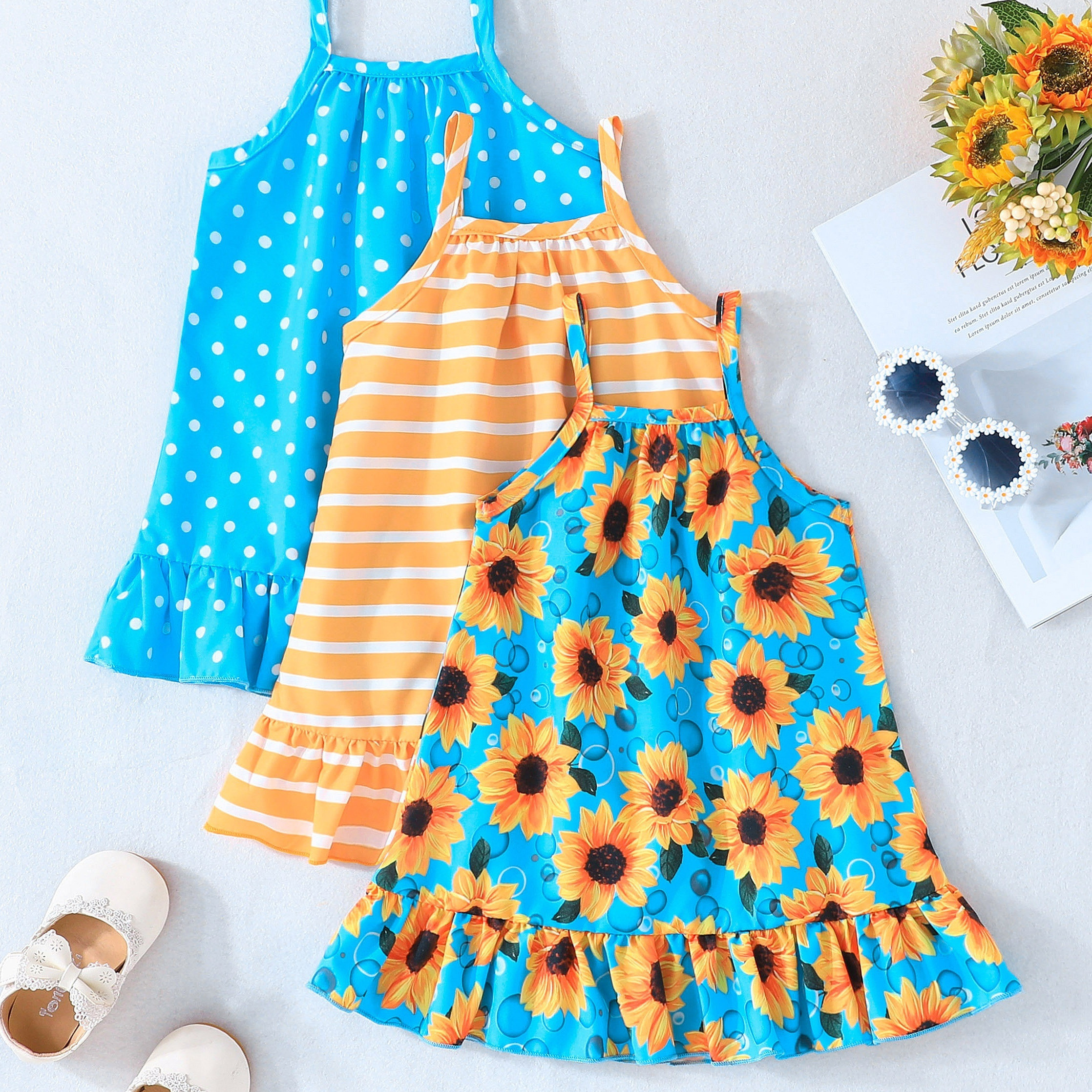 

3pcs Baby's Casual Ruffle Trim Cami Dress, Polka Dots & Stripe & Sunflower Pattern Sleeveless Dress, Infant & Toddler Girl's Clothing For Summer Beach Holiday, As Gift