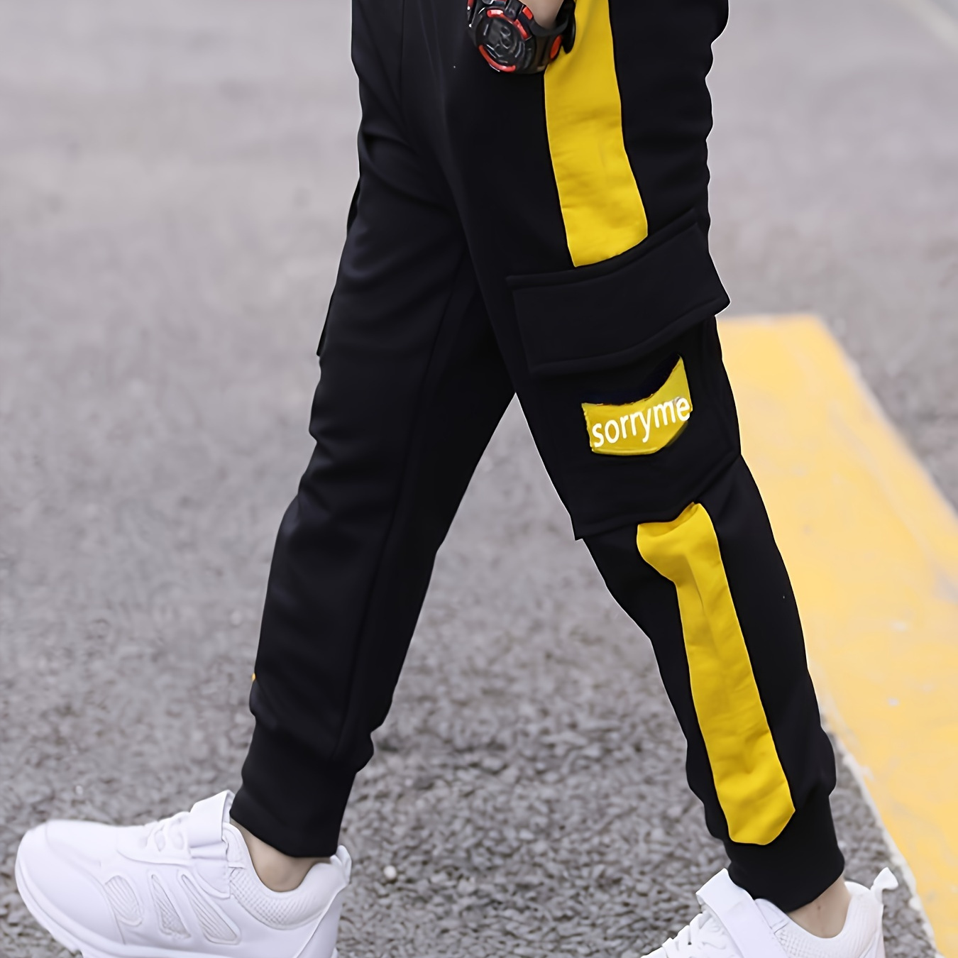 

Kid's Color Clash Letter Print Cargo Pants, Trendy Elastic Waist Trousers With Pockets, Boy's Clothes For Spring Fall