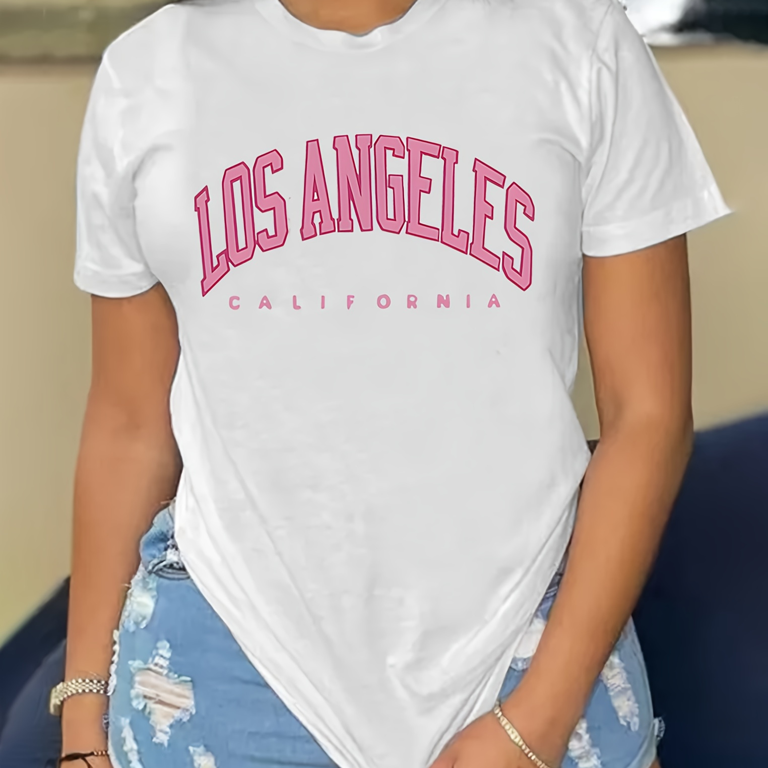 

T-shirt Imprimé Lettre LOS ANGELES, Haut Décontracté À Manches Courtes Et Col Rond Pour L'été Et Le Printemps, Vêtements Pour Femmes