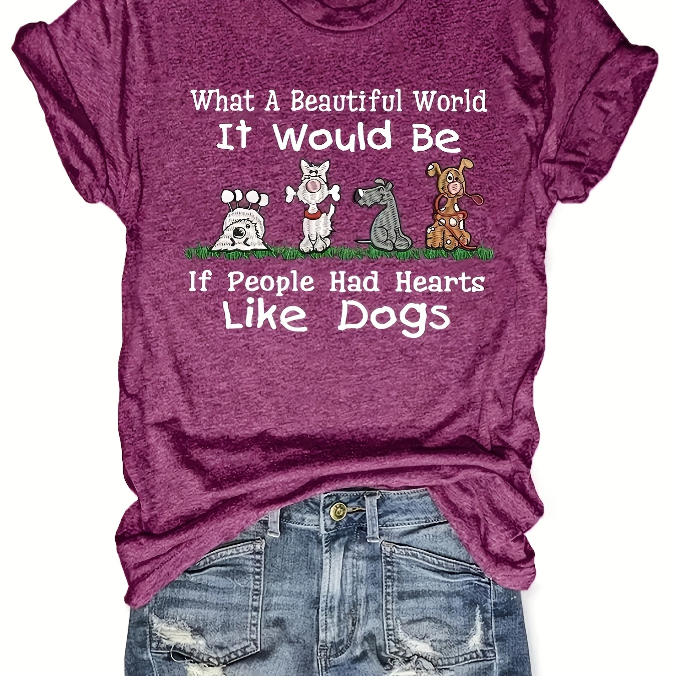 

1pc Women's Cotton Casual T-shirt With "what A It If People Had Hearts Like Dogs" Print, Crew Neck, Short Sleeve, Regular Length, Knit Fabric Top