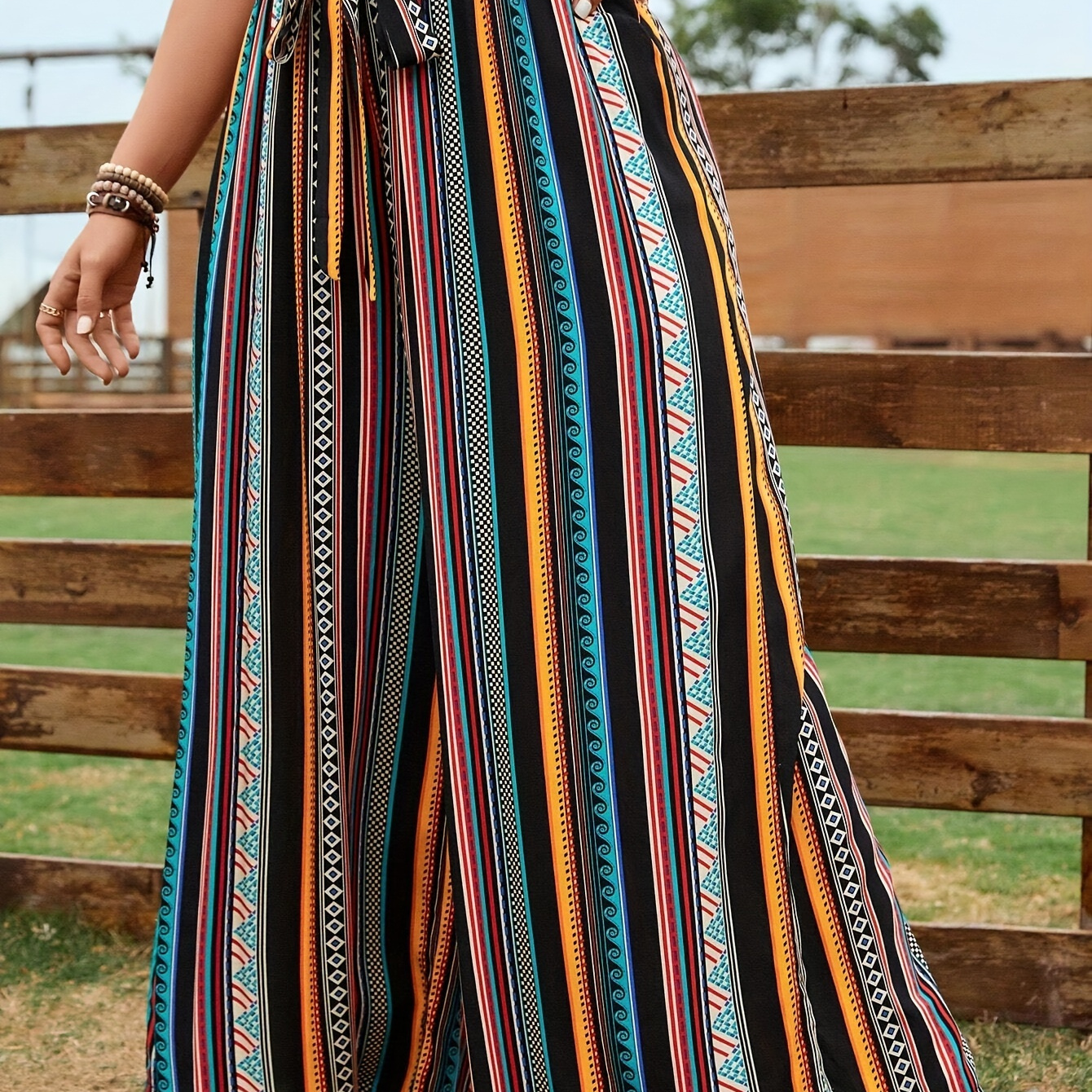 

Women's Plus Size Striped Printed Loose Strap Wide Leg Pants