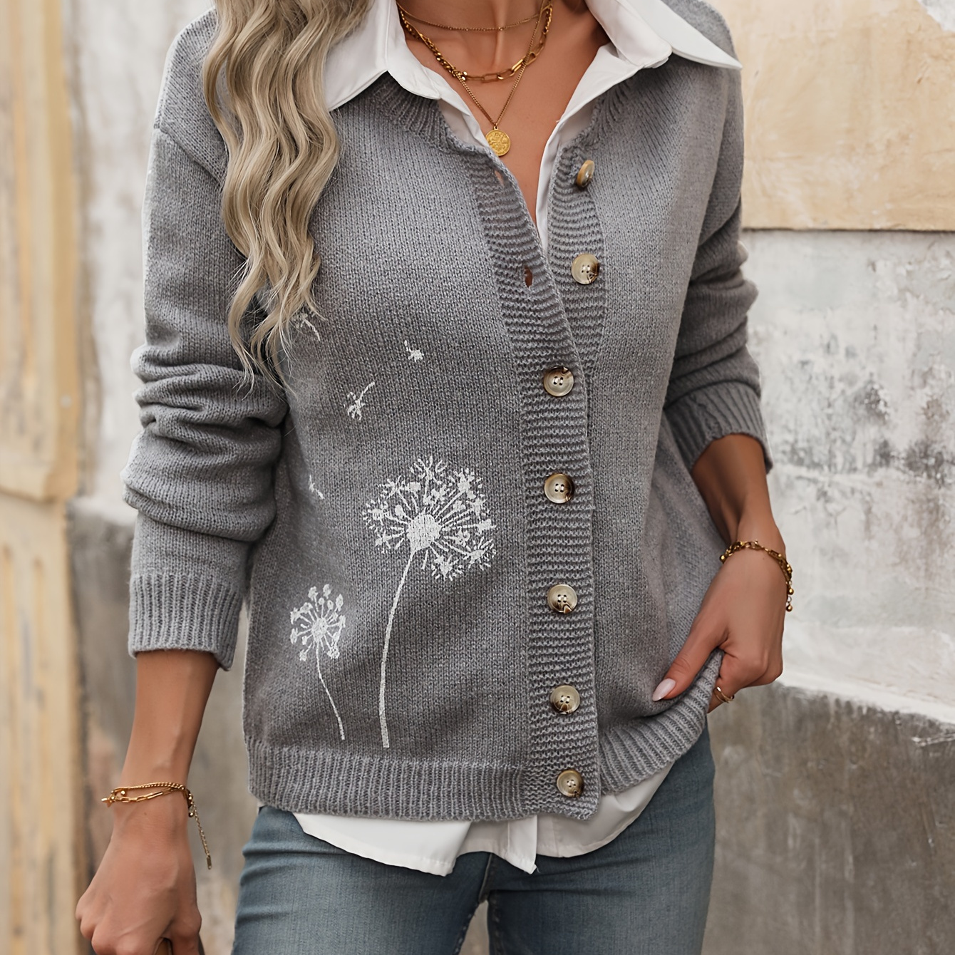 

Dandelion Pattern Button Up Cardigan, Casual Long Sleeve Sweater For Fall & Winter, Women's Clothing