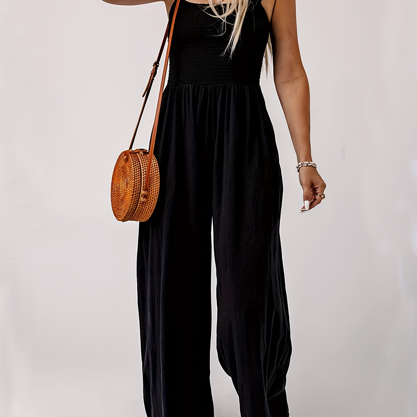 Wide Leg Suspender Jumpsuit, Casual Solid Shirred Wide Leg Jumpsuit, Women's Clothing