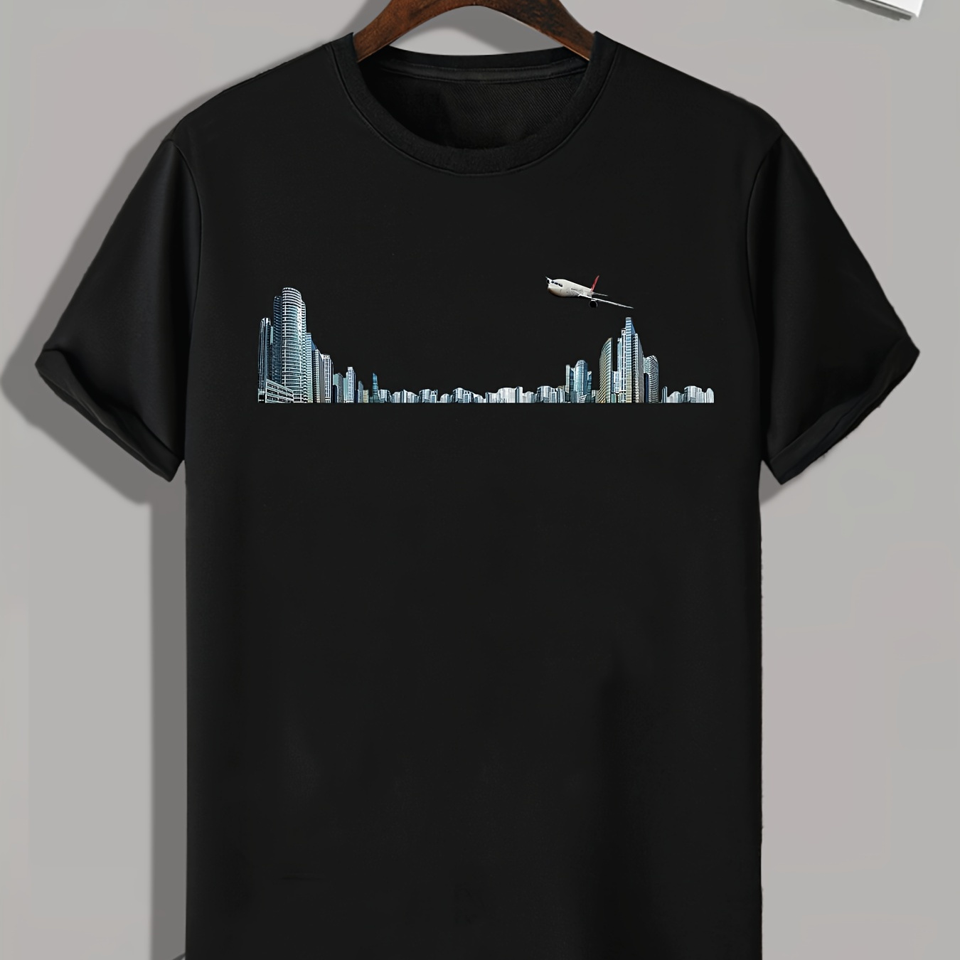 

City View Print, Men's Graphic T-shirt, Casual Comfy Tees For Summer, Mens Clothing