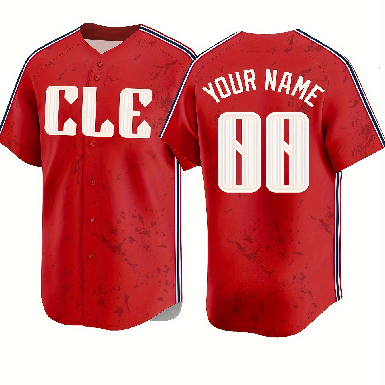 

Retro Style Men's Customized Name And Number, Cle Letter Embroidery And Striped V-neck Button Up Baseball Jersey, Summer Tops For Sports And Daily Outerwear