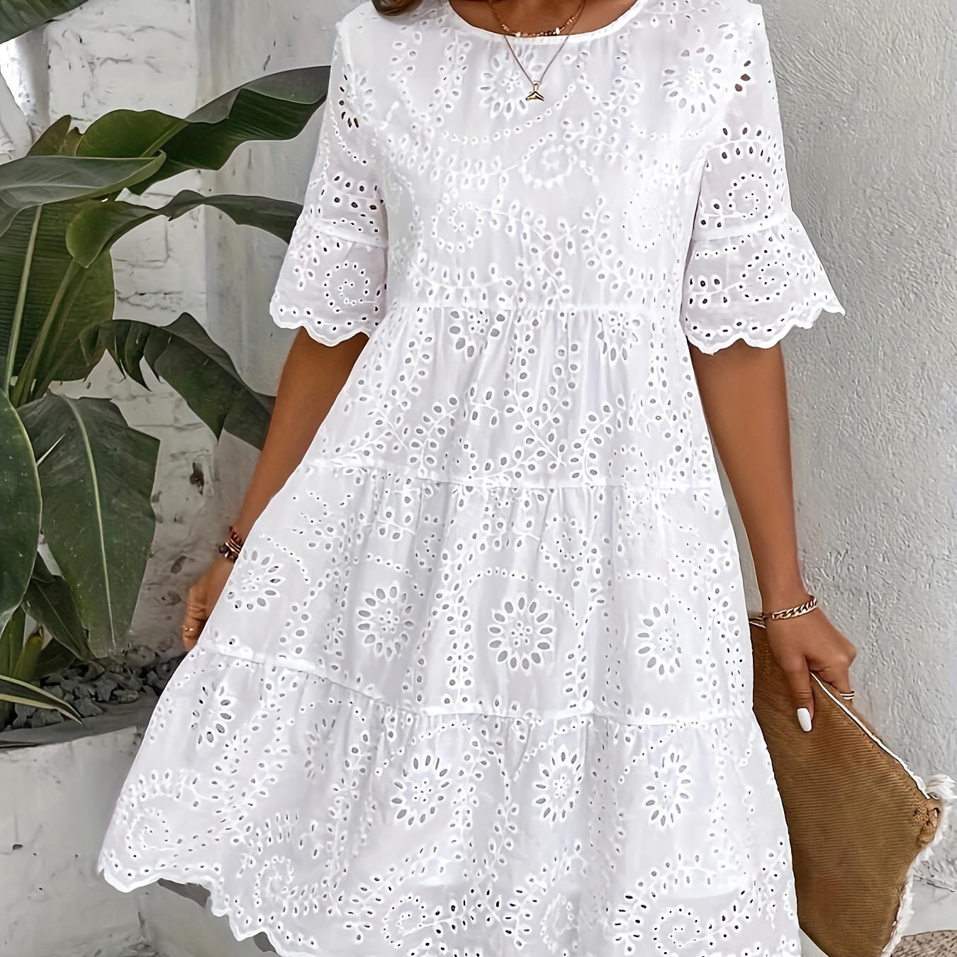 

Eyelet Embroidered Scallop Trim Dress, Casual Short Sleeve A-line Knee Length Dress For Spring & Summer, Women's Clothing