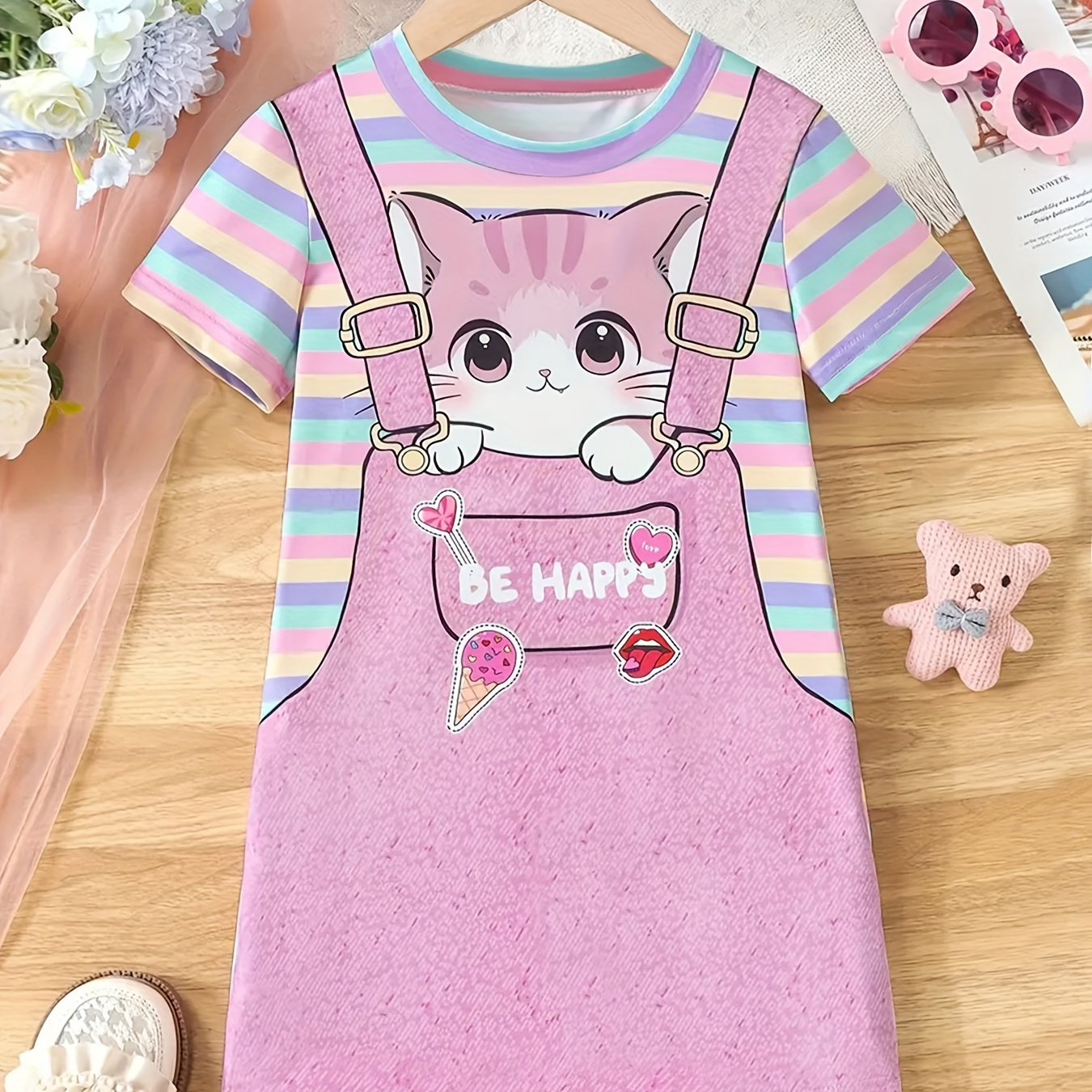 

Cute Kitten & Striped 3d Graphic Tee Dress Holiday Casual Dress Girls Clothing Summer Gifts