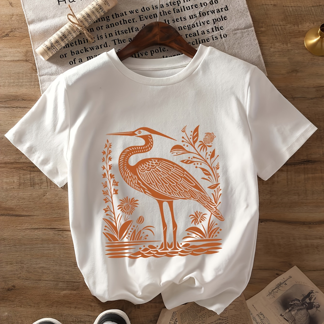 

Women's Casual Crew Neck T-shirt With Heron Graphic Print - Polyester Knit Fabric Blend With Elastane, Solid Color, Regular Length For Summer