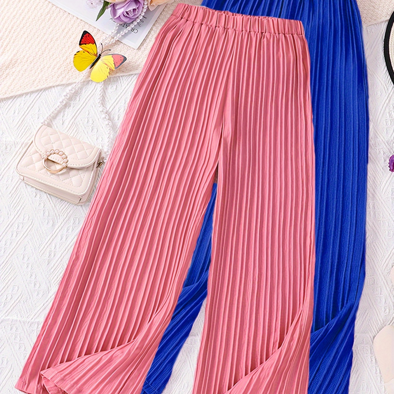 

Tween Girls 2pcs/set Casual & Loose & Comfy Solid Colored Textured Wide Leg Pants For Spring & Summer, Girls Clothing