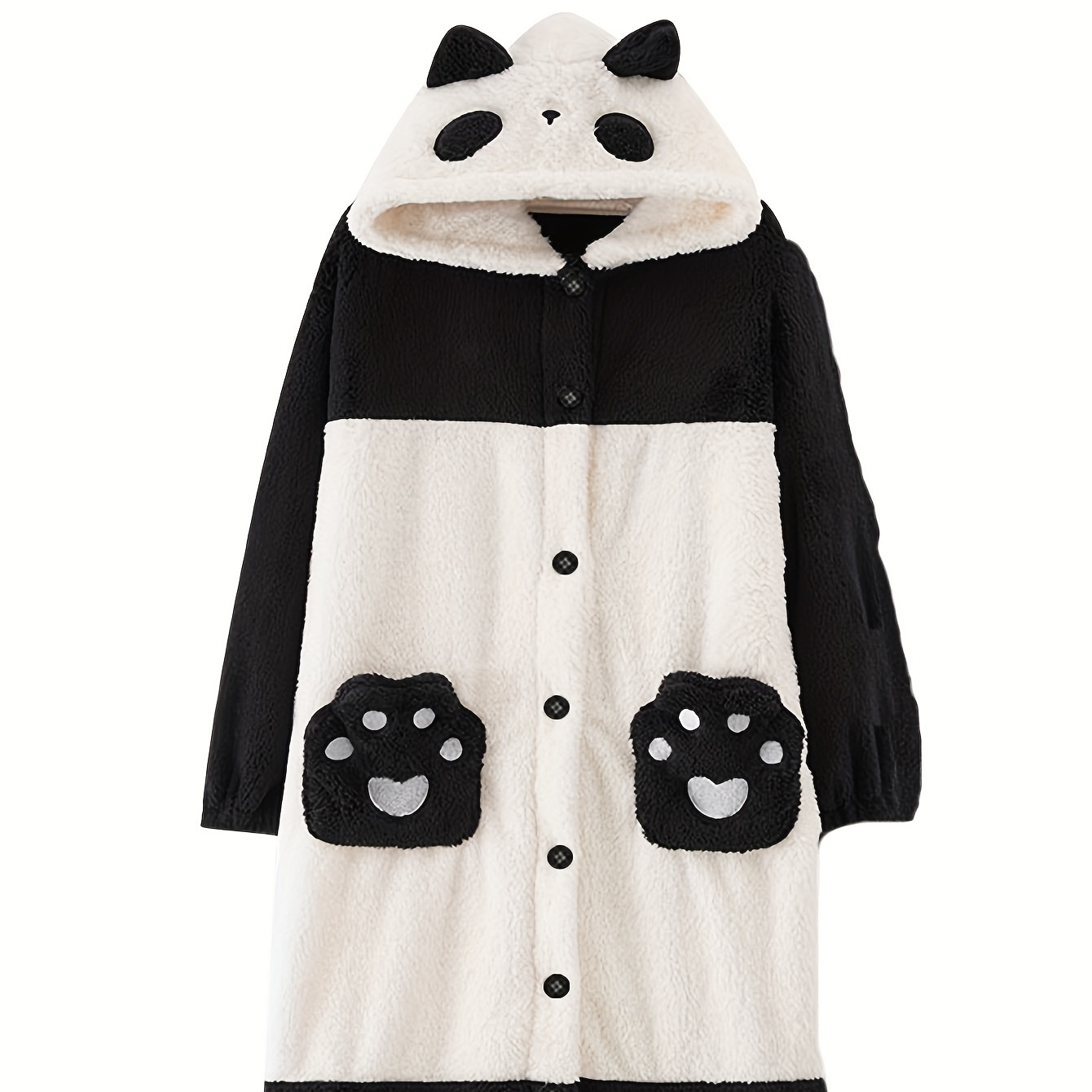 

Cute Panda Plush Thickened Night Robe, Long Sleeve Buttons Sleep Robe With Pockets, Women's Sleepwear For Fall/ Winter
