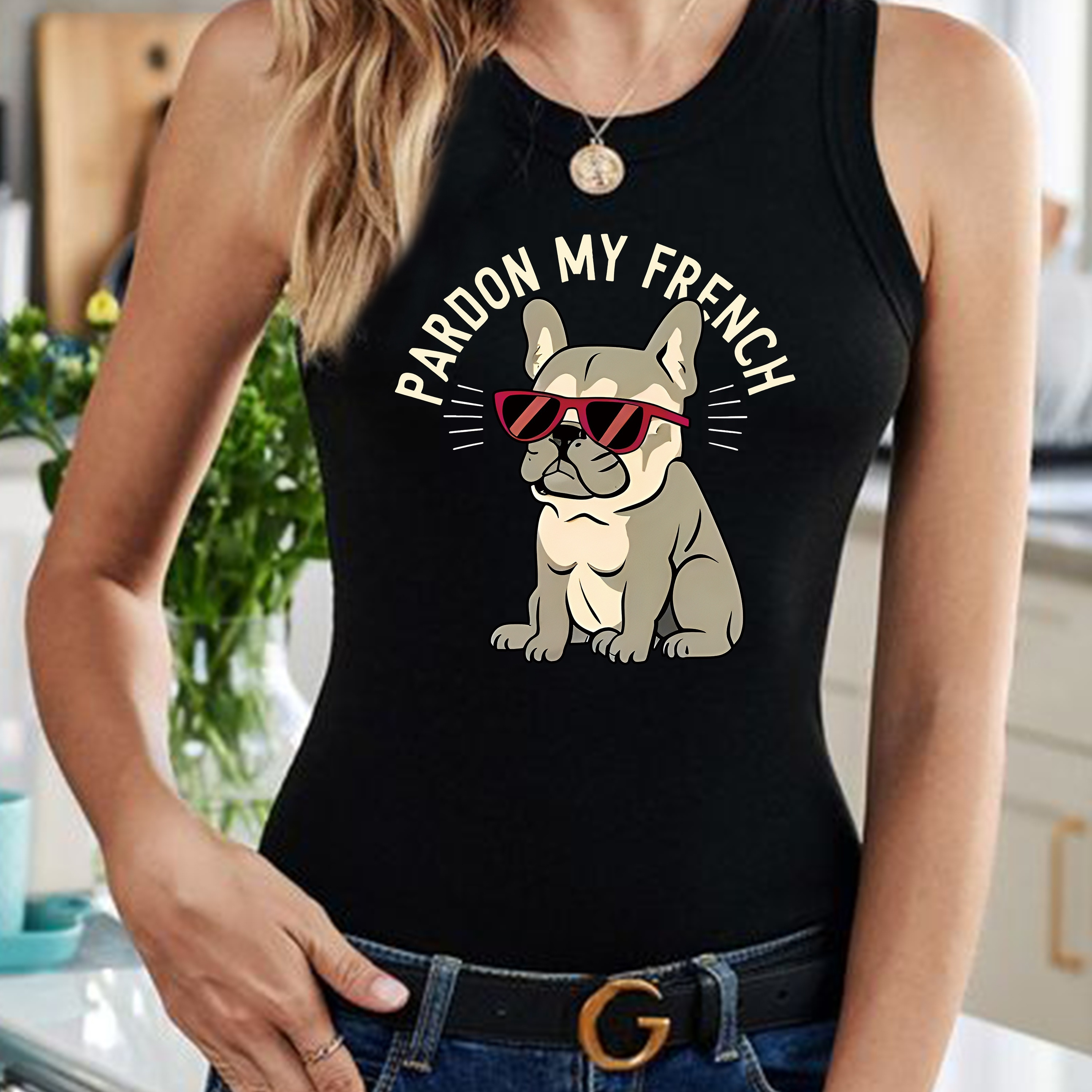 

Bulldog Print Tank Top, Sleeveless Crew Neck Casual Top For Summer & Spring, Women's Clothing