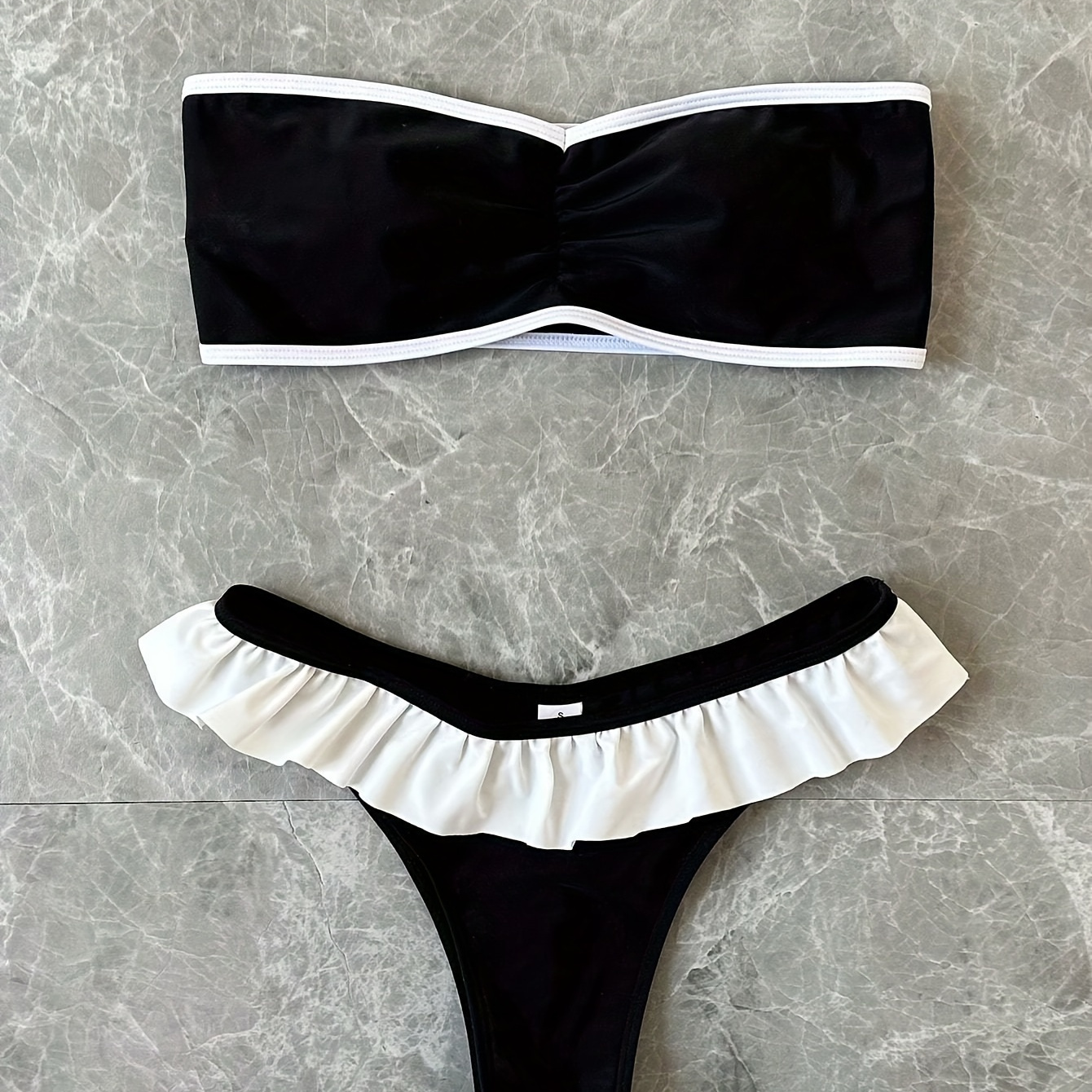 

1pc Elegant White Ruffle Trim Bikini Set, High Stretch Polyamide Knit Fabric, Solid Color, For Summer Parties And Pool Events