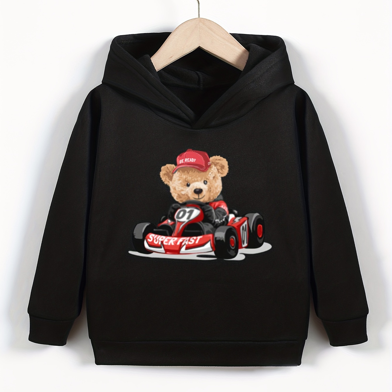 

Cool Bear Racer Print Cute&cozy Hoodie For Kids Boys - Keep Him Warm And Stylish!