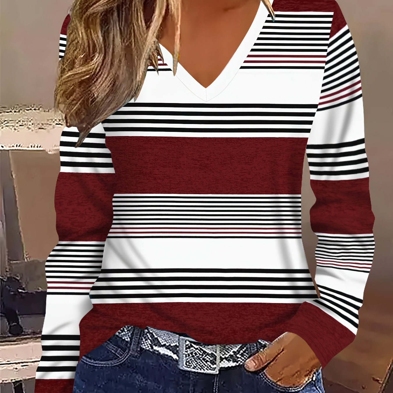 

Elegant V-neck Long Sleeve T-shirt With Chic Print - Soft Polyester & Spandex , Machine Washable -