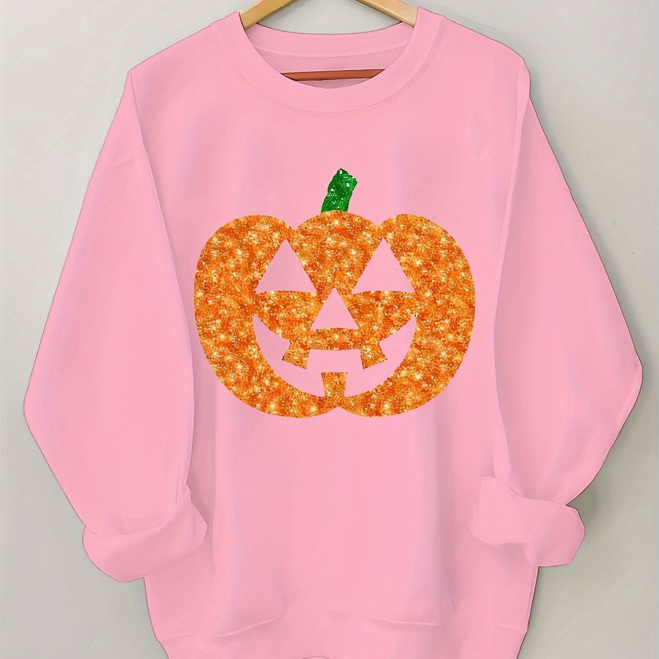 

Women's Pumpkin Glitter Graphic Crew Neck Sweatshirt - Casual Fall/winter Fashion Knit - Polyester Blend (95% Polyester, 5% Elastane)