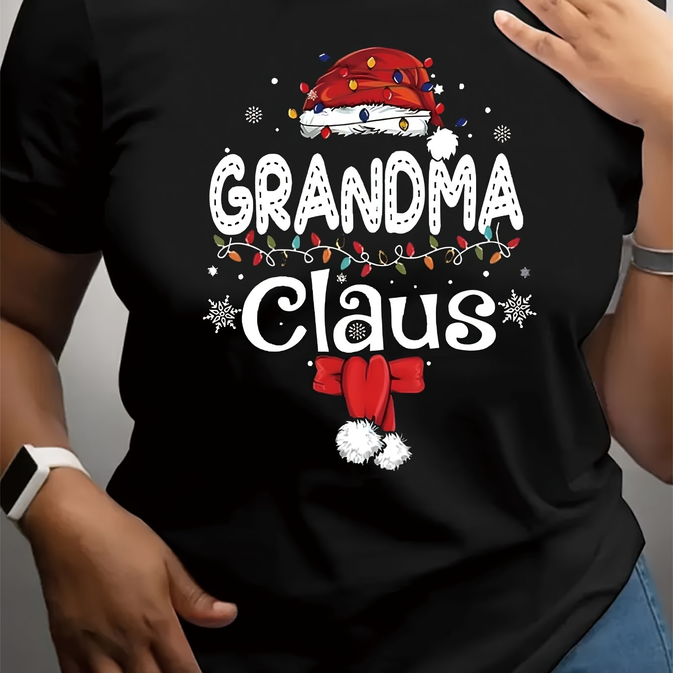 

1pc Women's Christmas Grandma Claus T-shirt - Polyester Crew Neck Casual Top With Print, Short Sleeve Knit Fabric, Comfort