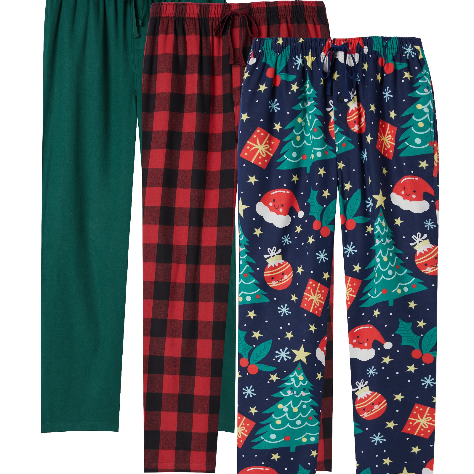 1/3 Pcs Men's Christmas Style Thickened Flannel Casual Comfy Pants, Buffalo Plaid Christmas Tree Hat Graphic Print Loose Stretchy Home Pajama Bottoms With Drawstrings And Pockets