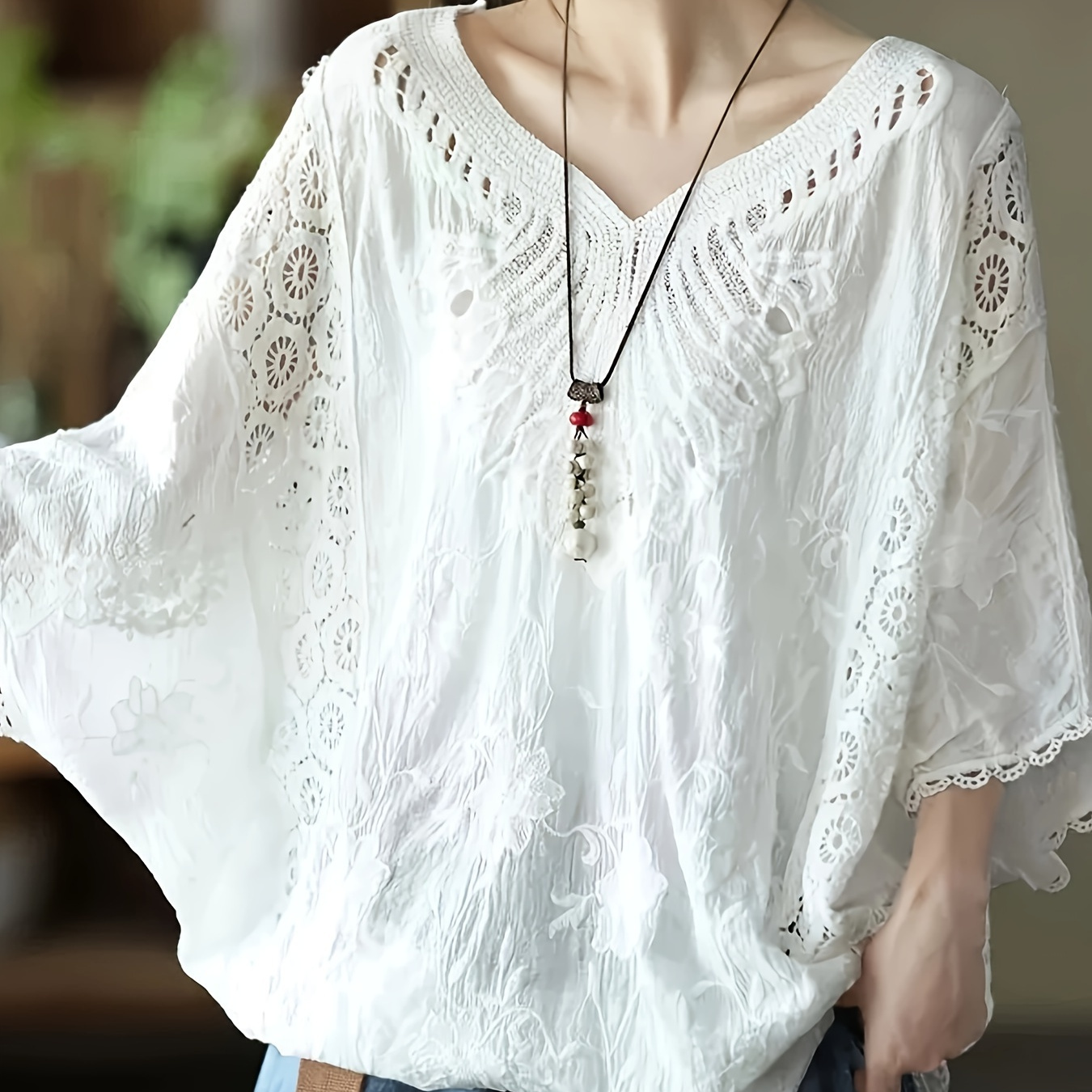 

Guipure Lace V Neck Top, Vacation Wear Batwing Sleeve Cover Up Top For Spring & Summer, Women's Clothing