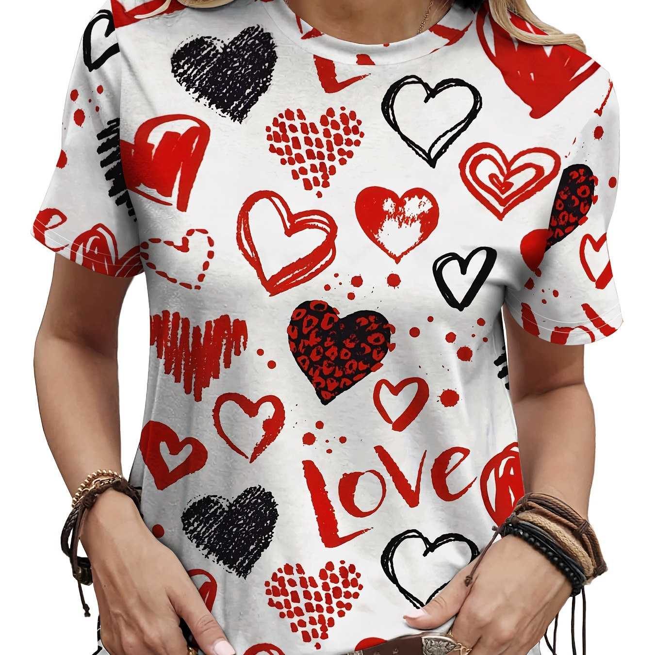 

Women's Casual Crew Neck T-shirt With Abstract Heart Print, 3d , Breathable Knit Fabric, Polyester 95% Spandex 5%, Regular Fit Short Sleeve Tee For Valentine's Day