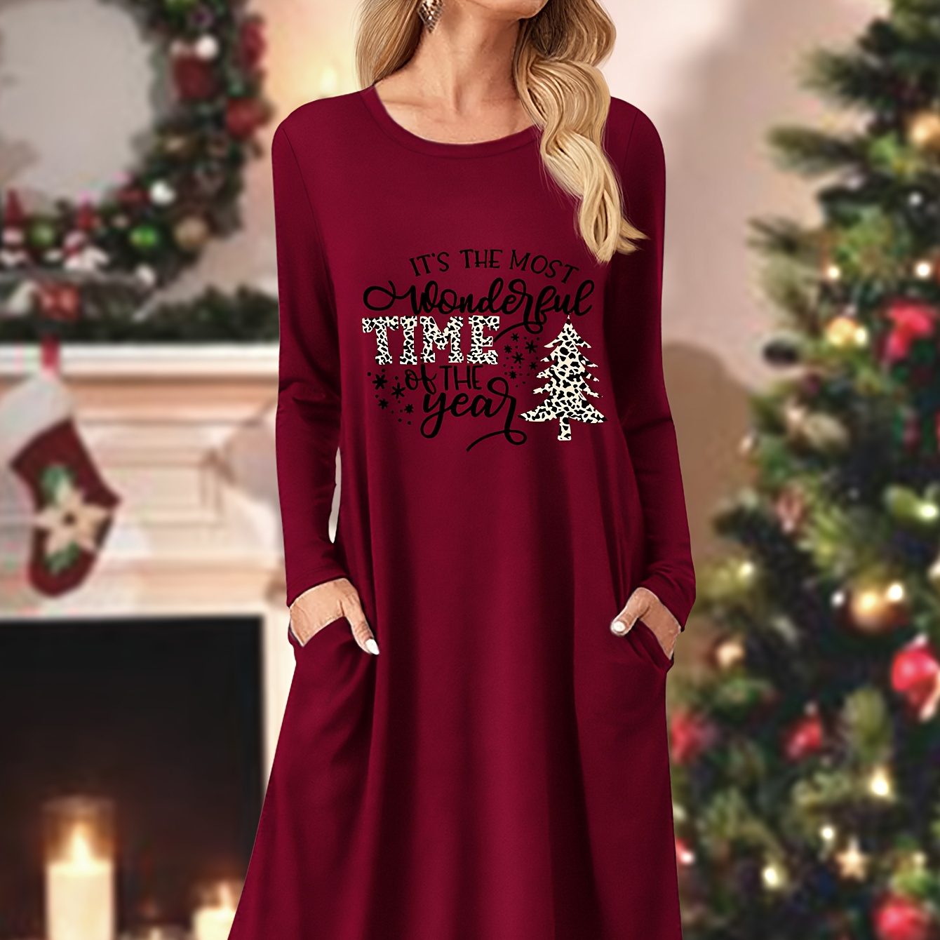 

Women's Festive Christmas Letter Print Long Sleeve Dress, Casual Round Neck, Polyester Knit With Pockets, A-line, Mid-length, Adult Holiday Fashion