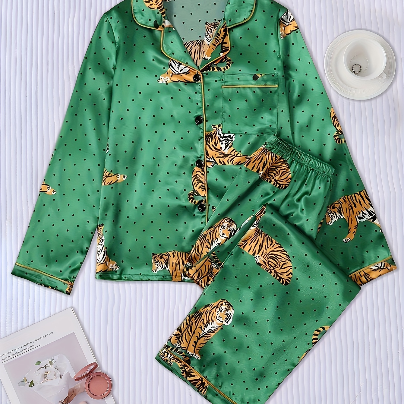 

Satin Tiger Print Pajama Set For Adults - Polyester With Elastane, Classic Lapel Collar, , , Woven Long Sleeve Top & Pants Sleepwear Set