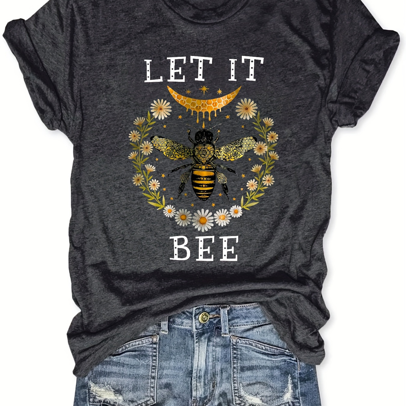 

Bee & Floral Print T-shirt, Casual Short Sleeve Crew Neck Top For Spring & Summer, Women's Clothing