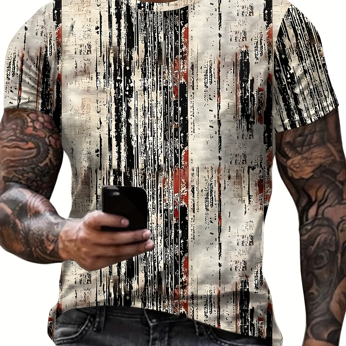 

Men's Casual And Chic Stripe Pattern Print T-shirt With Crew Neck And Short Sleeve, Cool Tops For Summer Leisurewear And Outdoors Activities