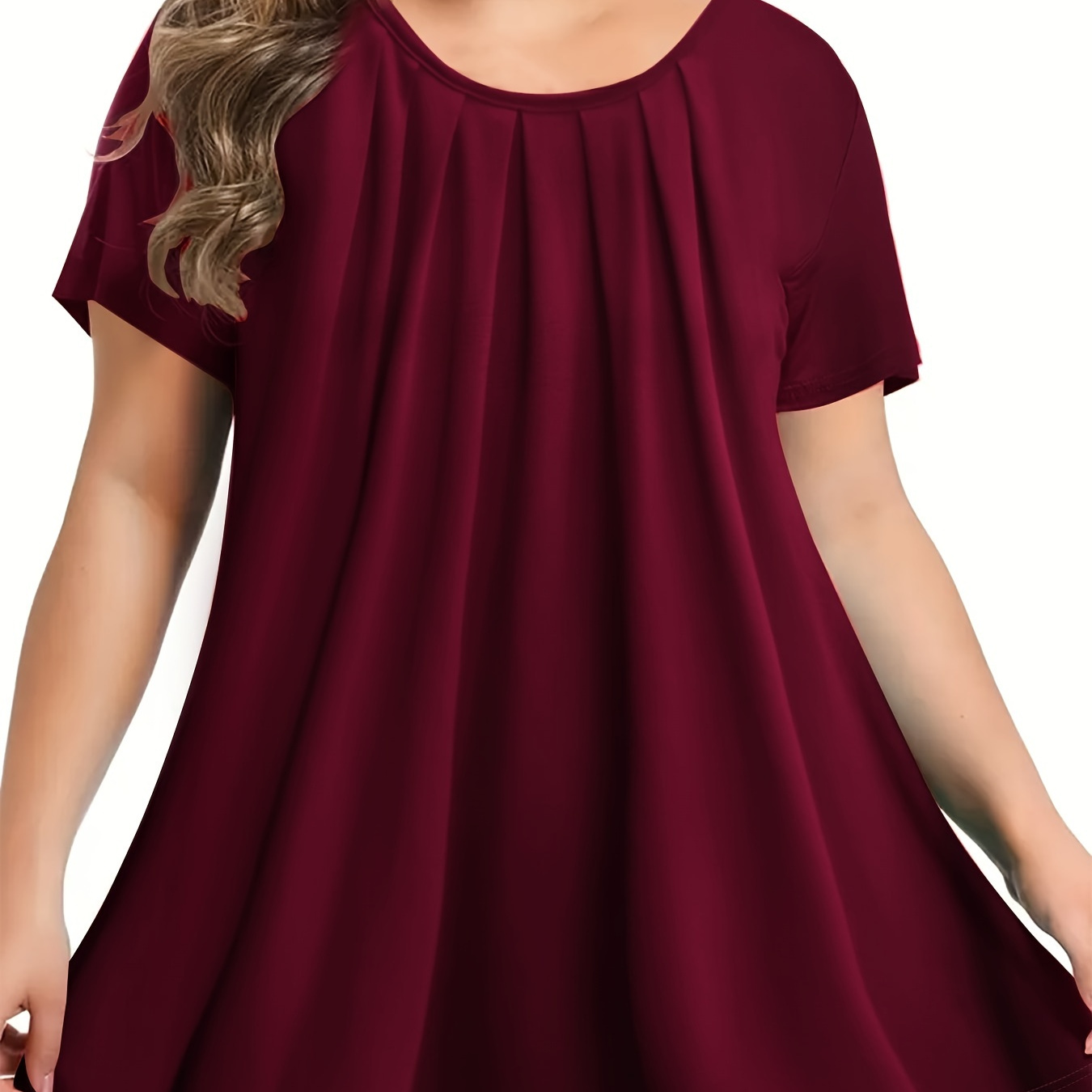 

Plus Size Elegant Ruched Crew Neck Top For Women - Polyester Stretch Knit, Solid Color Pullover With Slight Stretch, Casual Comfort Fit