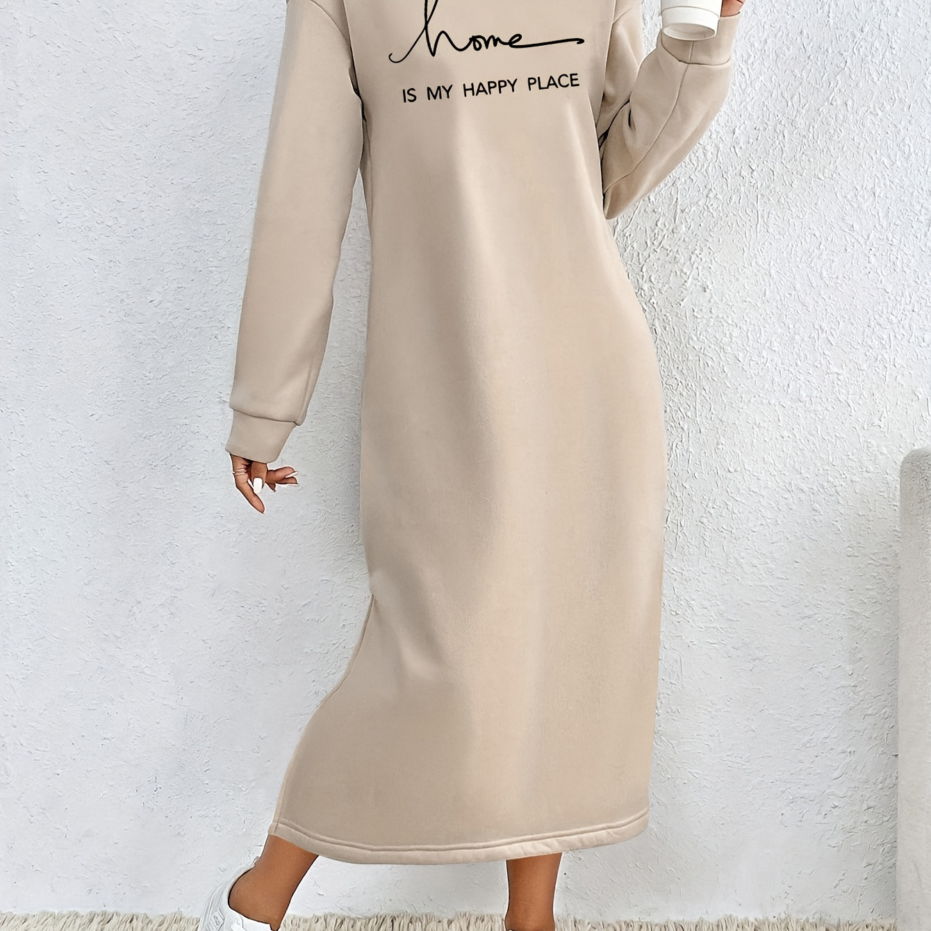 

1pc Women's Casual Long Sleeve Hooded Sweatshirt Dress With " Place" Print - Polyester 95%, Spandex 5% Knit Fabric, Regular Sleeve, Hooded Collar, Long Length - All