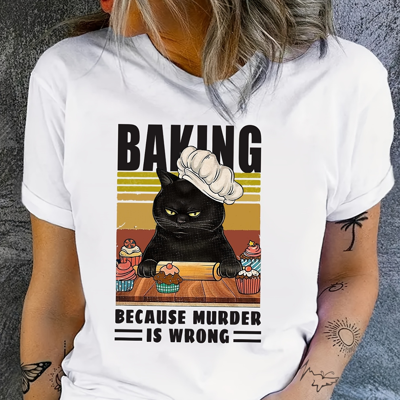 

Baking Black Cat Print T-shirt, Summer Short Sleeve Casual Top, Women's Clothing