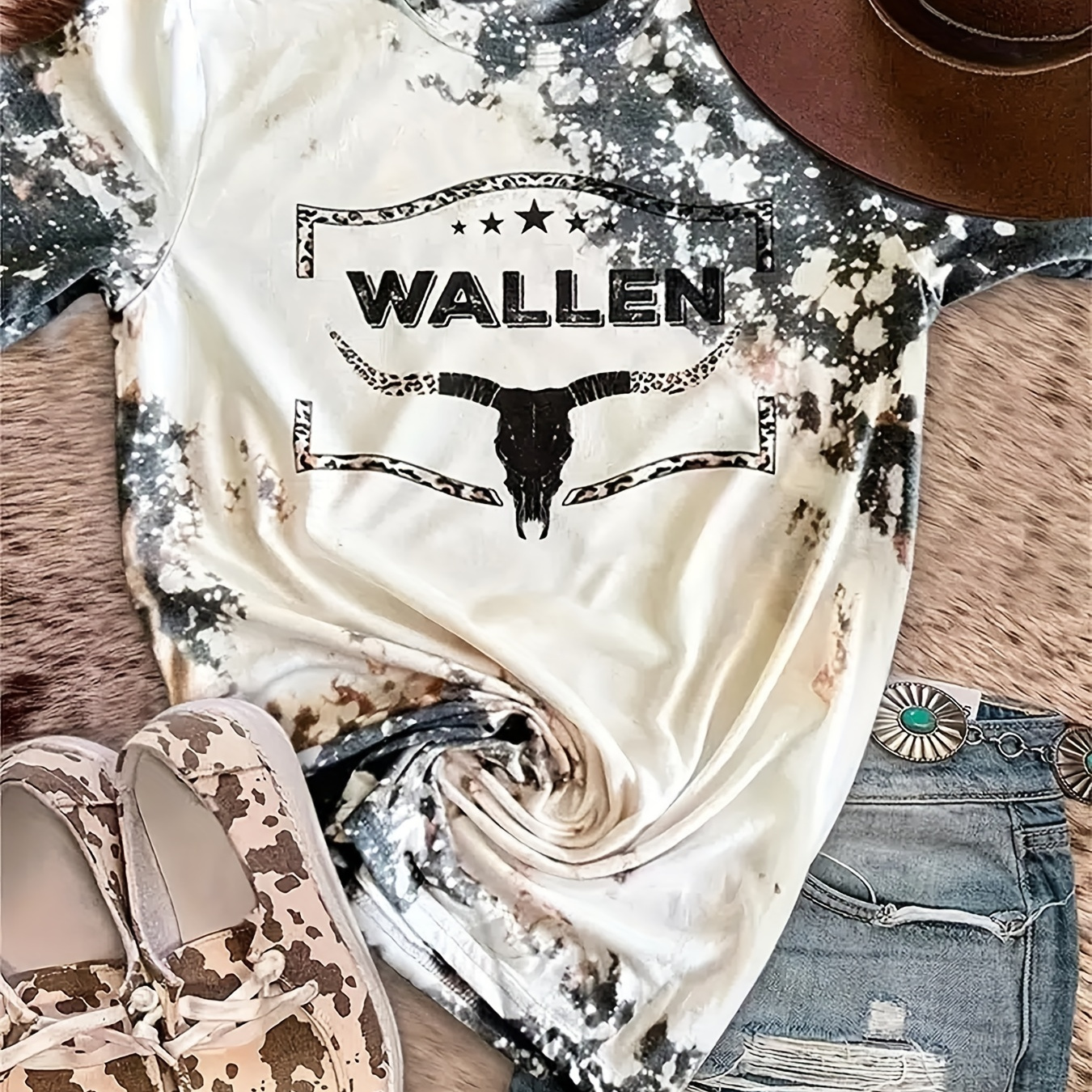 

Plus Size Casual T-shirt, Women's Plus Cow & Star Print Short Sleeve Round Neck High Stretch T-shirt