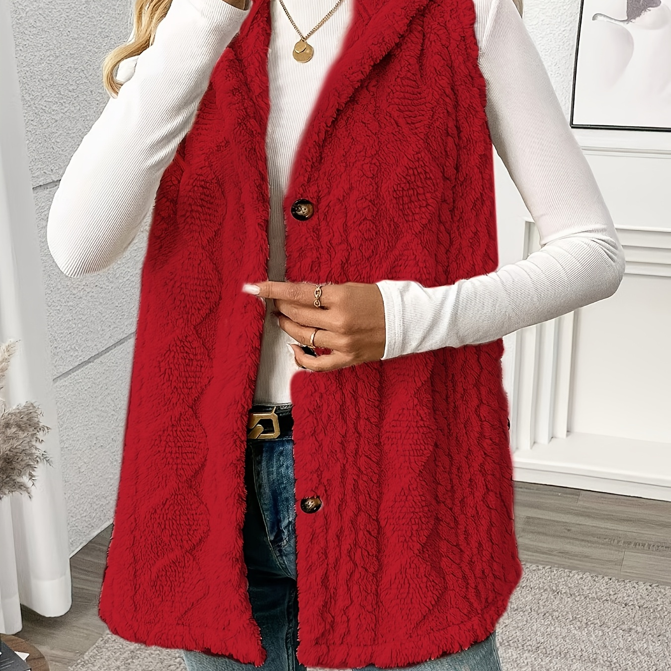 

Elegant Women's Sleeveless Hooded Vest - Warm, Solid Winter Coat With Button Detail, Machine Washable