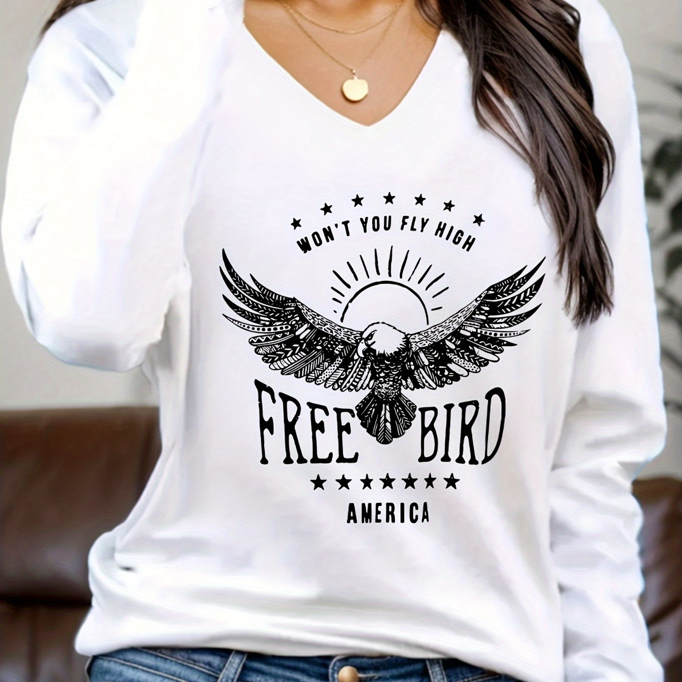 

Eagle Print T-shirt, Long Sleeve V Neck Casual Top For Spring & Fall, Women's Clothing
