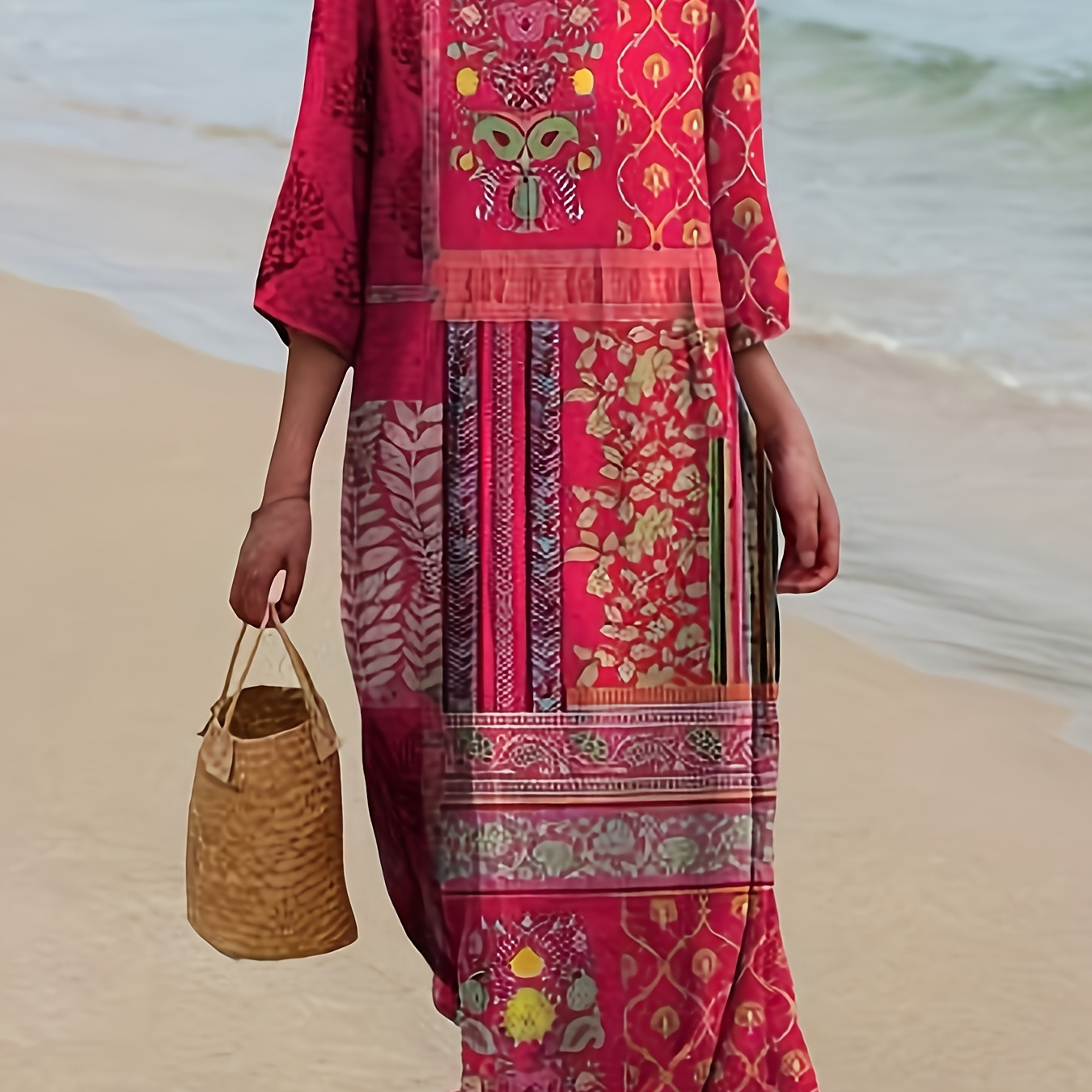 

Elegant Tribal Printed Tunic Dress With Half Sleeves And Pocket, Vacation Wear