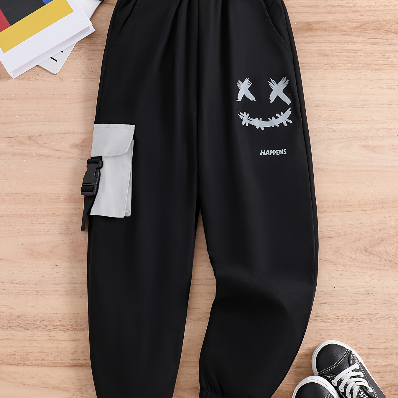 

Kid's Silver Color Pocket Decor Sweatpants, Elastic Waist Cargo Pants, Chic Track Pants, Boy's Clothes For Spring Fall Winter, As Gift
