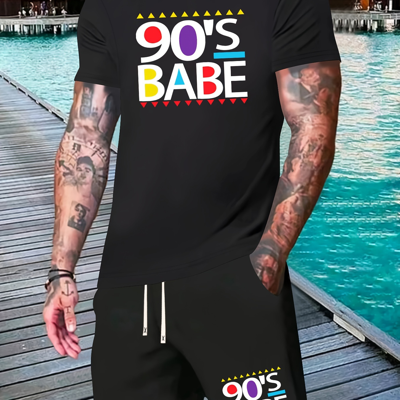 

90's Print Men's 2pcs Trendy Outfits Casual Loose Crew Neck Short Sleeve T-shirt Top & Comfy Sports Drawstring Shorts For Spring Summer Workout Men's Clothing