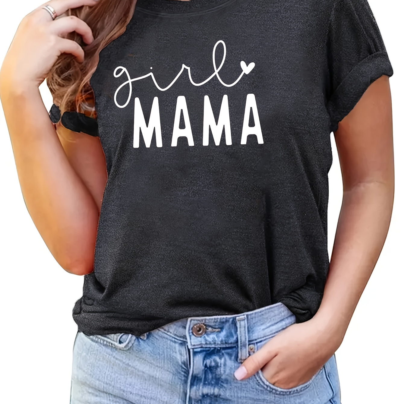 

Girl Mama Print T-shirt, Casual Crew Neck Short Sleeve Daily Top, Women's Clothing