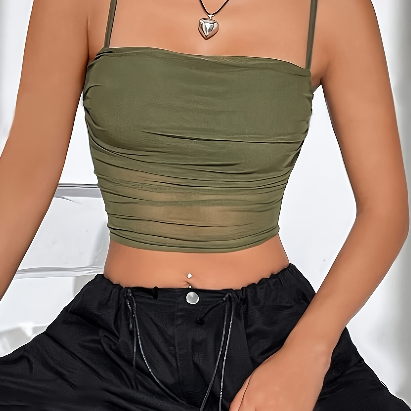 

Solid Color Mesh Crop Cami Top, Versatile Sleeveless Slim Crop Top For Summer, Women's Clothing