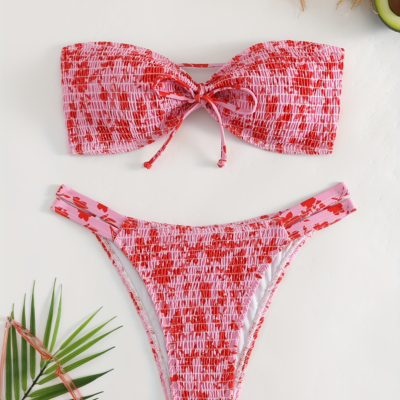 

Red Ditsy Floral Print Shirred Bandeau 2 Piece Set Bikini, Lace Up Tie Back Stretchy Swimsuits, Women's Swimwear & Clothing