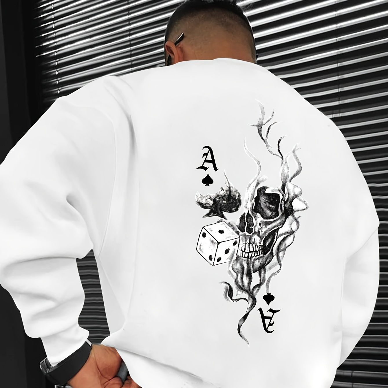 

Men's Casual Crew Neck Sweatshirt With Skull Dice - 100% Polyester Knit Fabric, Slight Stretch, Loose Fit Long Sleeve Pullover